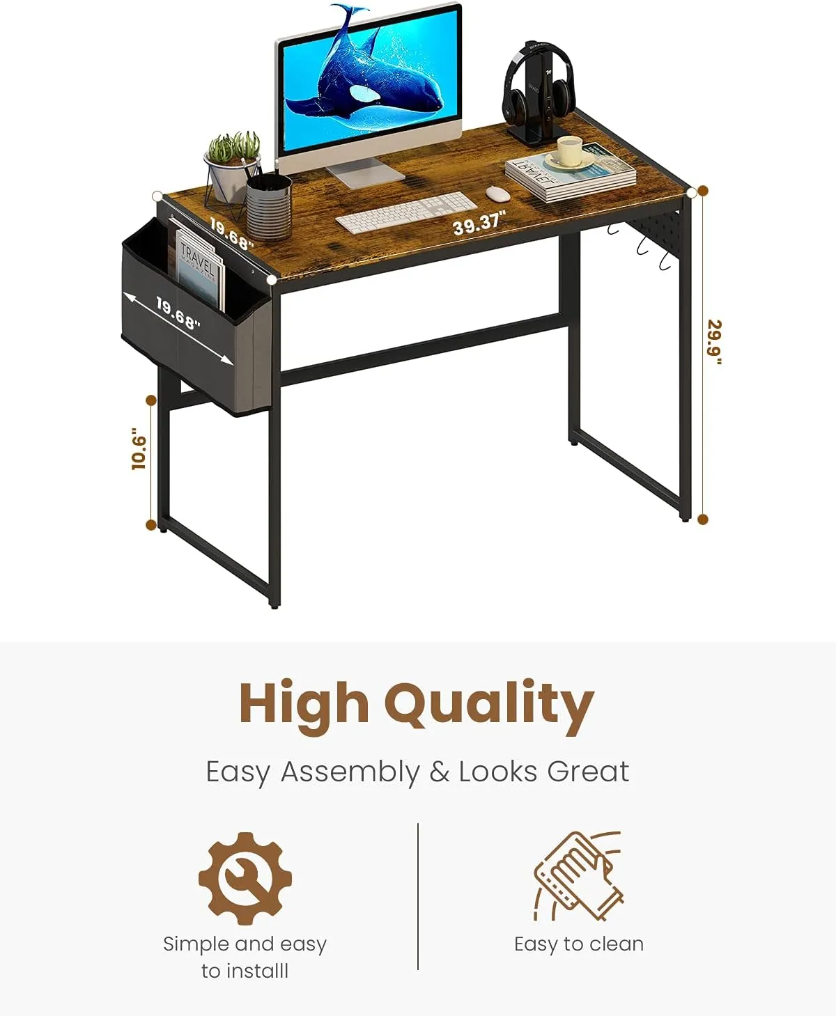 AWQM Computer Desk 39-Inch Writing Desk Home Office Small Study Workstation Industrial Style PC Laptop Table with Storage Bag and 4 Hanging Hooks，Industrial Brown