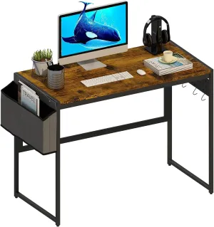 AWQM Computer Desk 39-Inch Writing Desk Home Office Small Study Workstation Industrial Style PC Laptop Table with Storage Bag and 4 Hanging Hooks，Industrial Brown