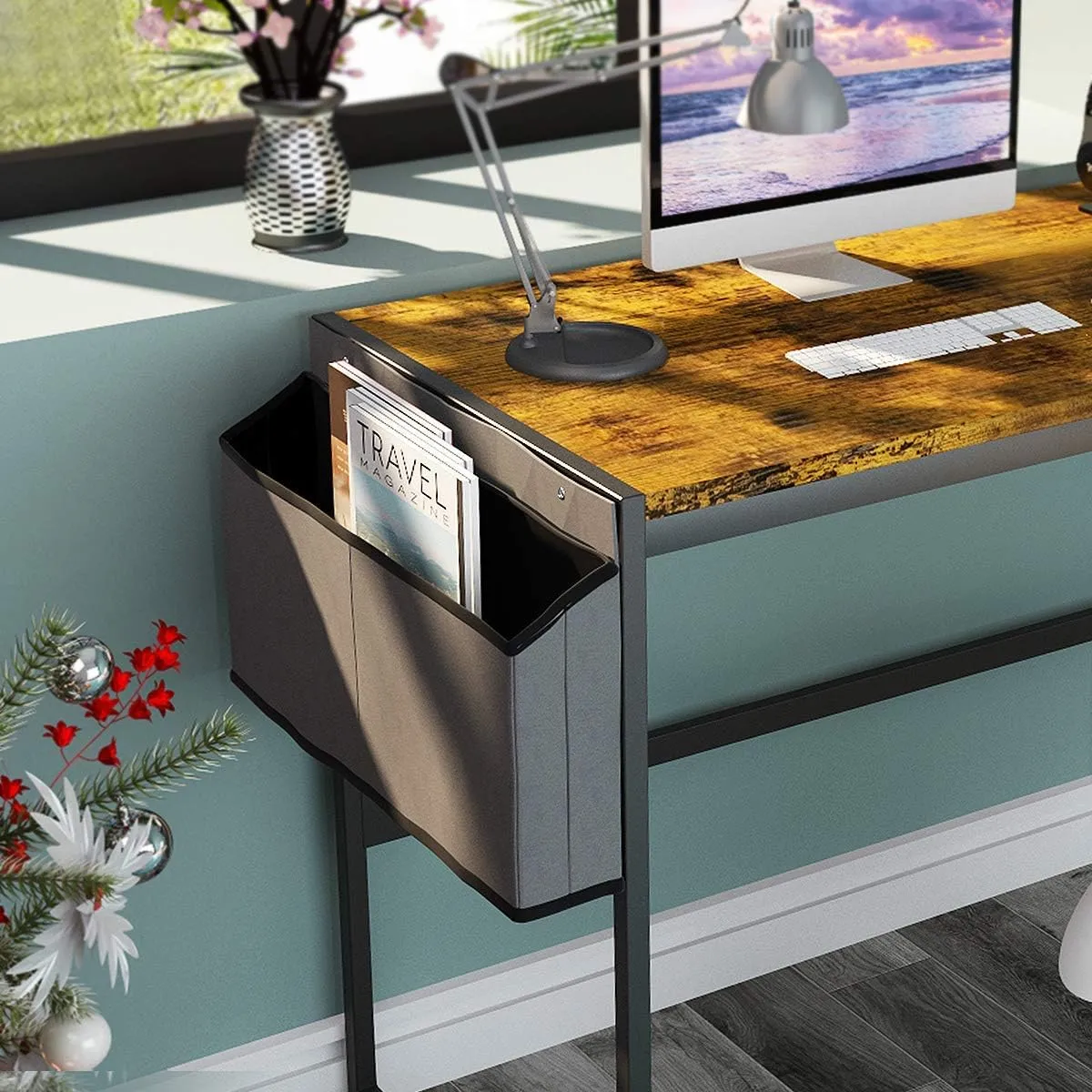 AWQM Computer Desk 39-Inch Writing Desk Home Office Small Study Workstation Industrial Style PC Laptop Table with Storage Bag and 4 Hanging Hooks，Industrial Brown