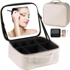 AZ GOGO Travel Makeup Bag with Light up Mirror, Makeup Train Case with Lighted Mirror 3 Color Brightness, Waterproof Portable Cosmetic Bag Organizer (Creamy White)
