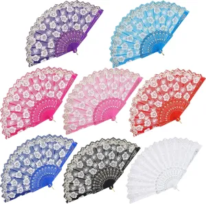 BABEYOND 8pcs Floral Folding Hand Fan Vintage Handheld Lace Folding Fan with Plum Flower Patterns Fabric Folding Fan for Wedding Dancing Party