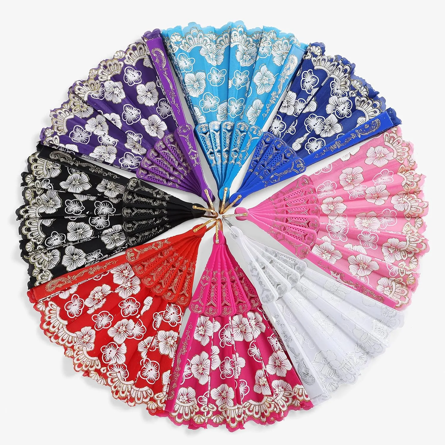 BABEYOND 8pcs Floral Folding Hand Fan Vintage Handheld Lace Folding Fan with Plum Flower Patterns Fabric Folding Fan for Wedding Dancing Party