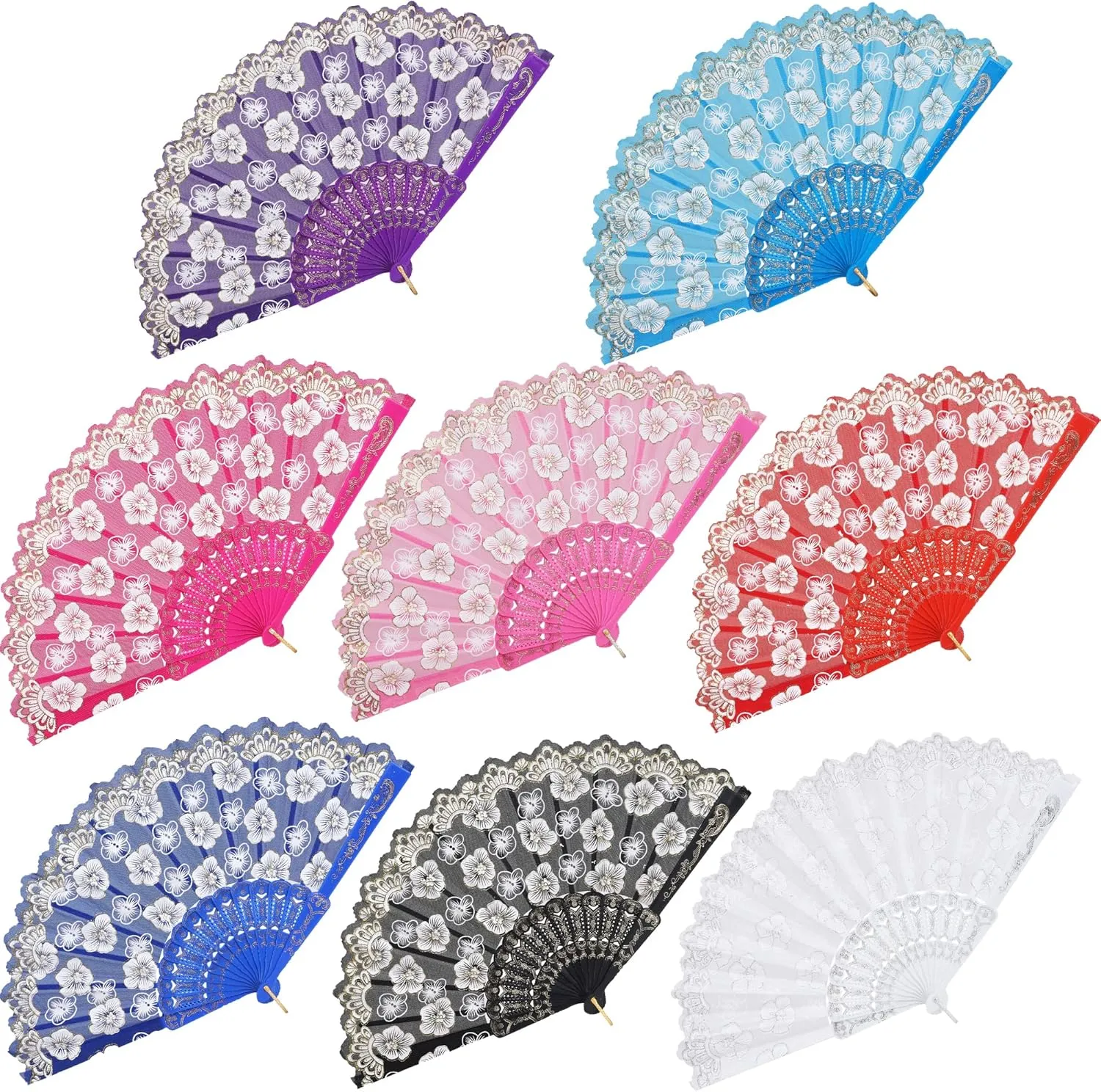 BABEYOND 8pcs Floral Folding Hand Fan Vintage Handheld Lace Folding Fan with Plum Flower Patterns Fabric Folding Fan for Wedding Dancing Party