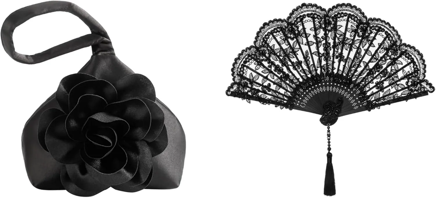 BABEYOND Clutch Purses for Women Evening Bags Flower Satin Handbag Classy Wristlet Purse for Party Daily Wedding Lace Hand Fan Non-Foldable Vintage Bridal Handheld Fans