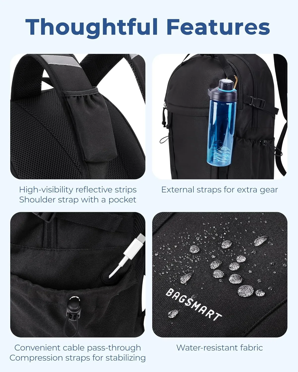 BAGSMART Travel Backpack for Men and Women, Lightweight 15.6" Laptop Backpack, Large Weekender Bag, Water Resistant Stylish Casual Daypack for Flight, College, Outdoor, Black