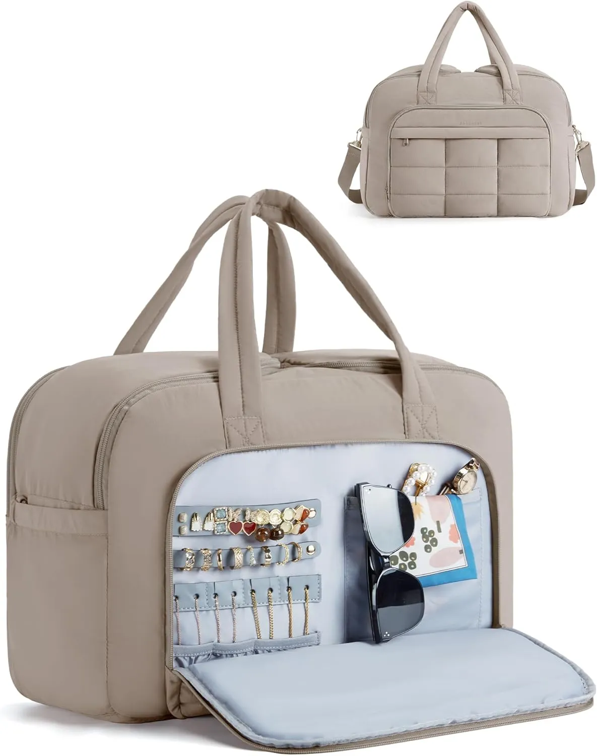 BAGSMART Travel Duffel Bag, Carry on Travel Bag with Jewelry Compartment, 35L Weekender Duffle for Women, Water Resistant, Light Tan
