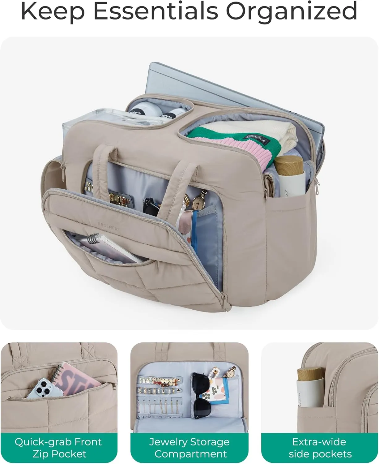 BAGSMART Travel Duffel Bag, Carry on Travel Bag with Jewelry Compartment, 35L Weekender Duffle for Women, Water Resistant, Light Tan
