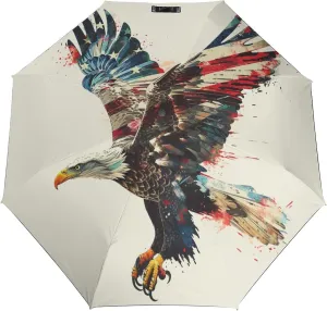 Bald Eagle Folding Umbrella Flag Vintage Independence Day Patriotic 3 Folds Auto Windproof Travel Umbrellas Strong Lightweight Umbrellas for Outdoor Sun & Rain