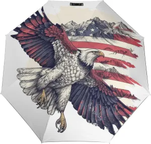 Bald Eagle Folding Umbrella Flag Vintage Independence Day Patriotic 3 Folds Auto Windproof Travel Umbrellas Strong Lightweight Umbrellas for Outdoor Sun & Rain