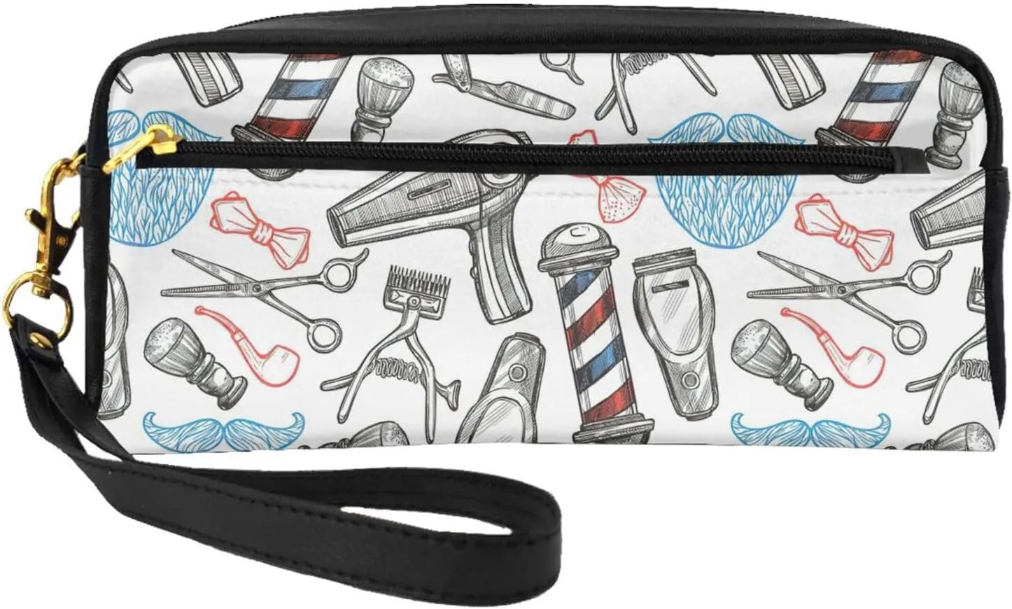 Barber Shop Monochrome Style Leather Portable Cosmetic Storage Bag, Travel Cosmetic Bag, Daily Storage Bag For Men And Women