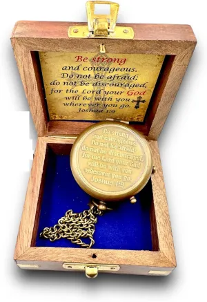 Be Strong and Courageous Engraved Compass with Wooden Case - Brown Antique Finish | Inspirational Gift for Men, Women, Boys & Girls | Graduation, Birthday, or Retirement Keepsake