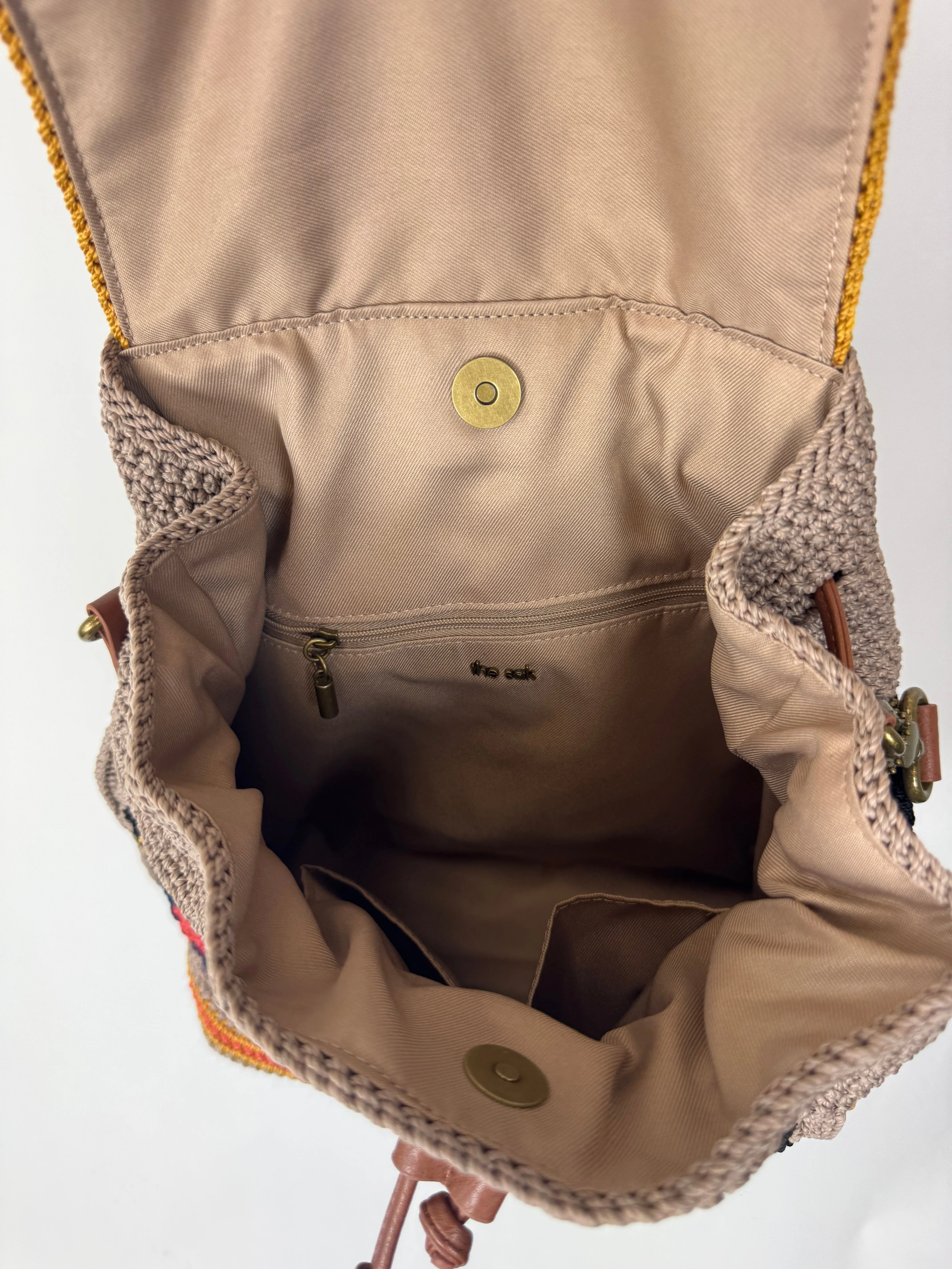 Beige Backpack With Crochet Patchwork