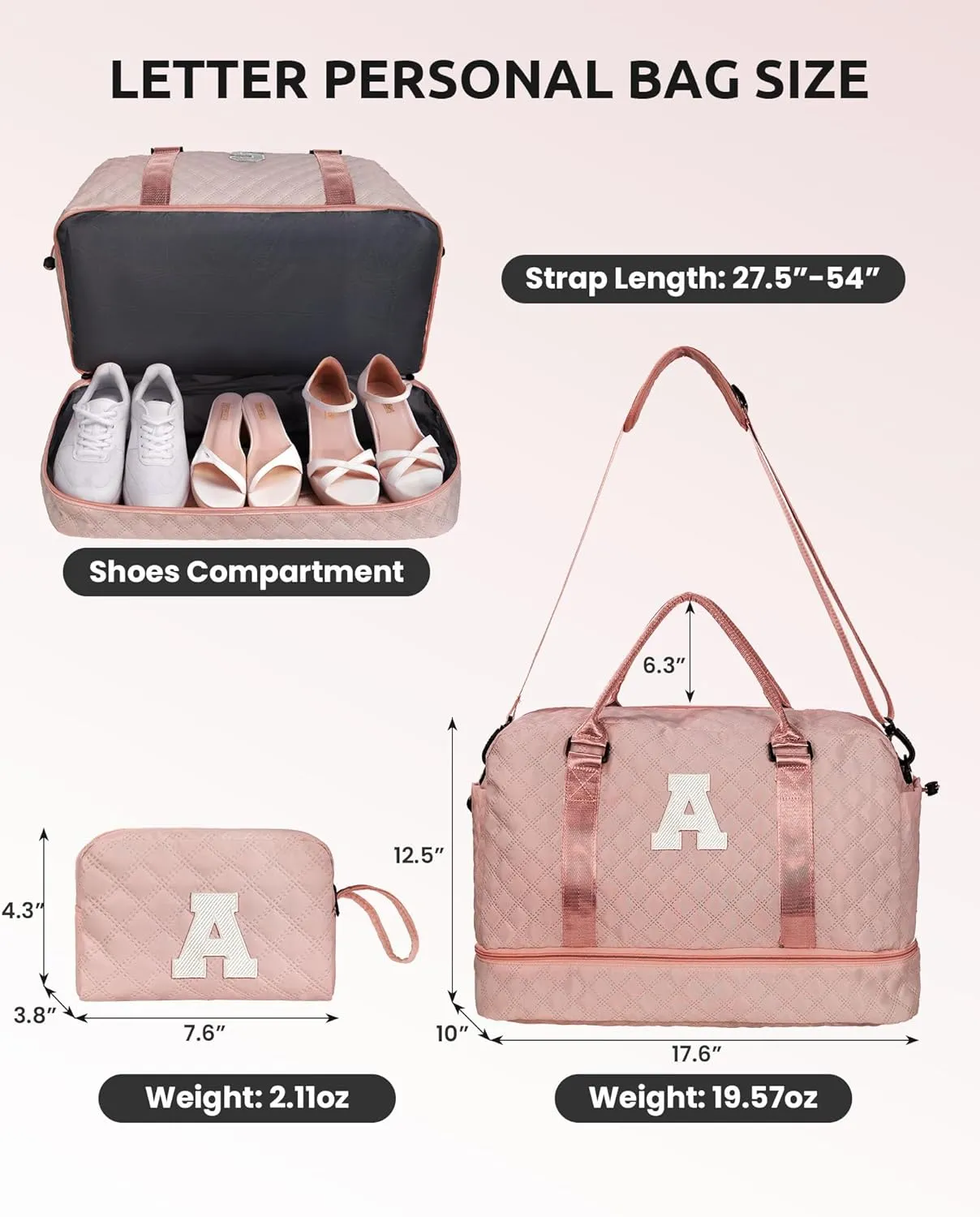 Birthday Gifts-for Women-Initial Duffle Bag with Shoe Compartment, Personalized Weekender Bag, Monogram Overnight Bag, Letter Travel Bag with Makeup Bag，Friend Wife Birthday Gift (Letter C)