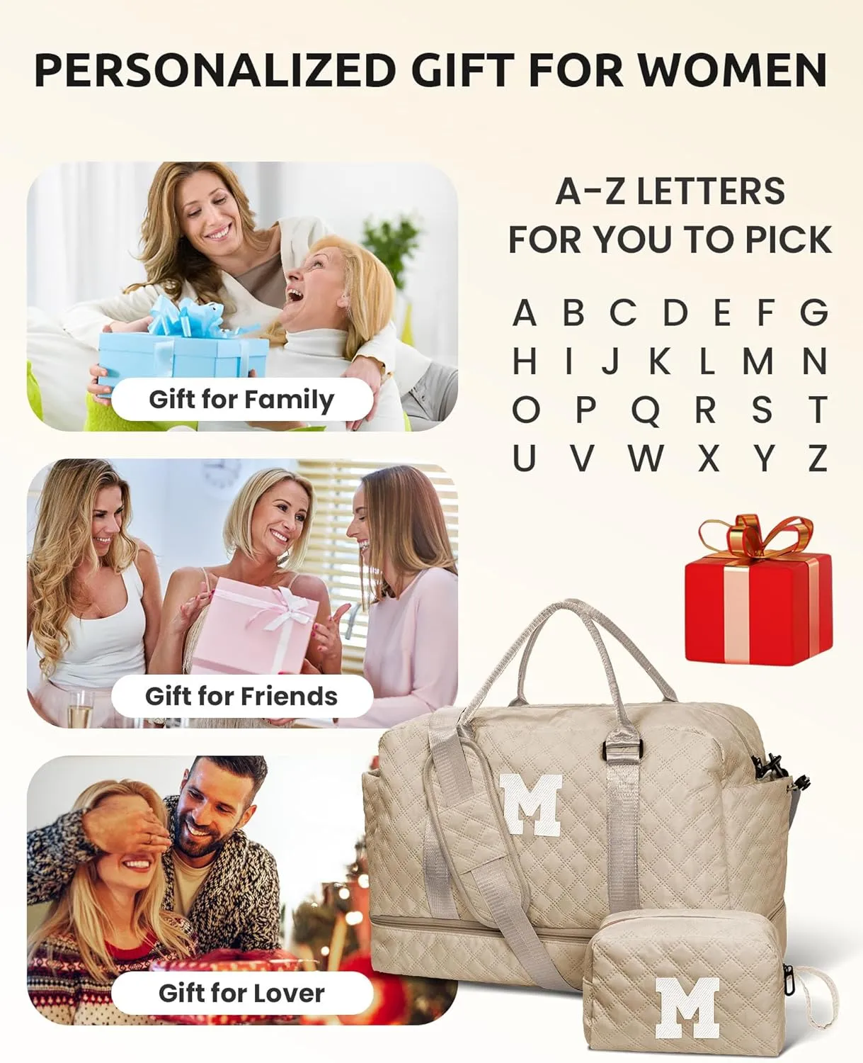Birthday Gifts for Women-Initial Travel Bag with Shoe Compartment, Personalized Weekender Bag, Monogram Overnight Bag for Women, Letter Travel Bag with Makeup Bag (Letter F)