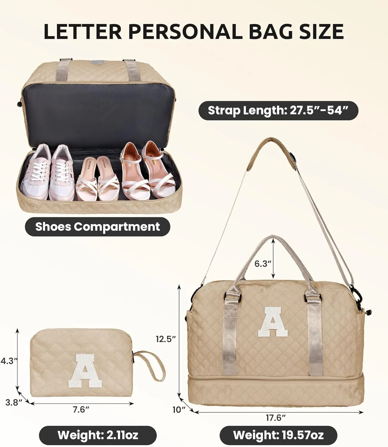 Birthday Gifts for Women-Initial Travel Bag with Shoe Compartment, Personalized Weekender Bag, Monogram Overnight Bag for Women, Letter Travel Bag with Makeup Bag (Letter F)