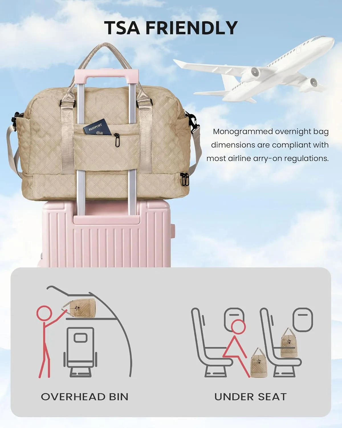 Birthday Gifts for Women-Initial Travel Bag with Shoe Compartment, Personalized Weekender Bag, Monogram Overnight Bag for Women, Letter Travel Bag with Makeup Bag (Letter F)