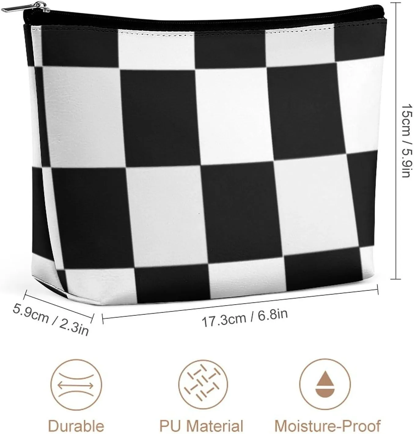 Black and White Checkered Printed Cosmetic Bag, Travel Portable Makeup Bag for Purse Pouch Beauty Zipper Organizer Toiletry Bag for Women