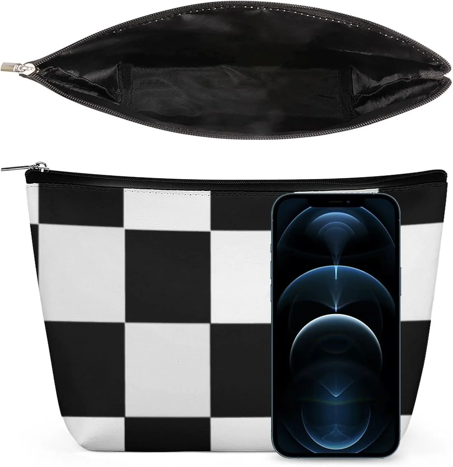 Black and White Checkered Printed Cosmetic Bag, Travel Portable Makeup Bag for Purse Pouch Beauty Zipper Organizer Toiletry Bag for Women