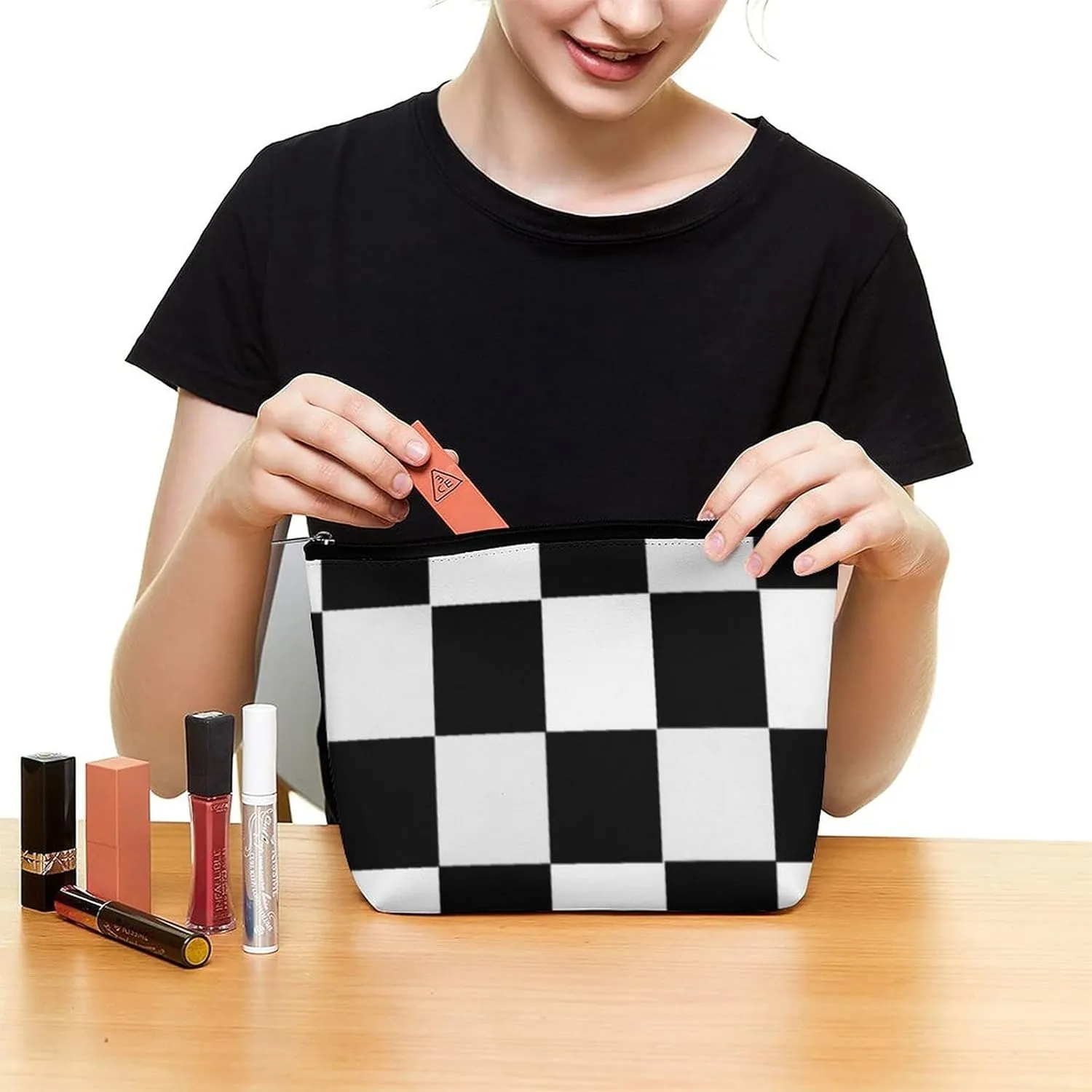 Black and White Checkered Printed Cosmetic Bag, Travel Portable Makeup Bag for Purse Pouch Beauty Zipper Organizer Toiletry Bag for Women