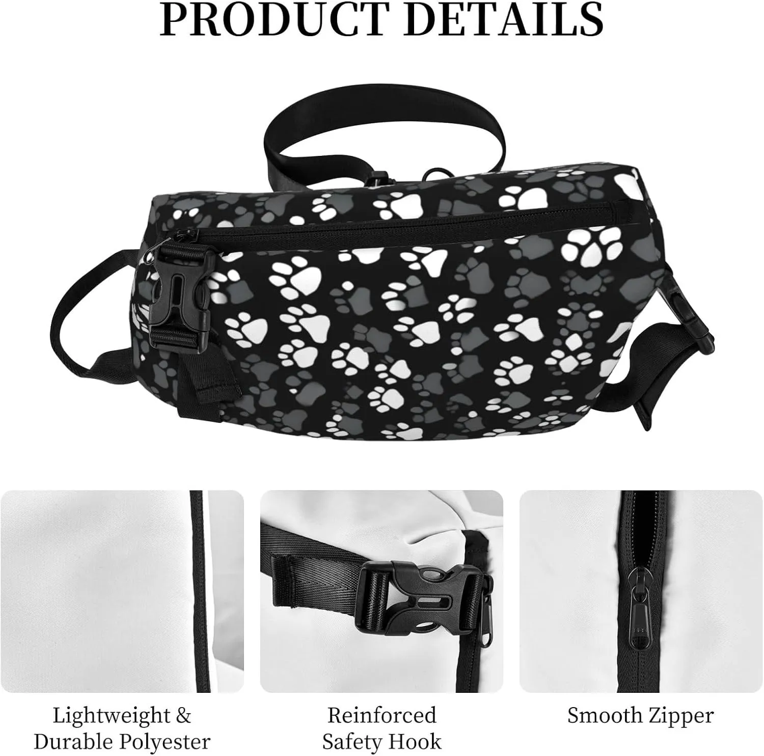 Black And White Paw Print Print Crossbody Backpack Casual Adjustable Bag Multifunctional Sling Backpack