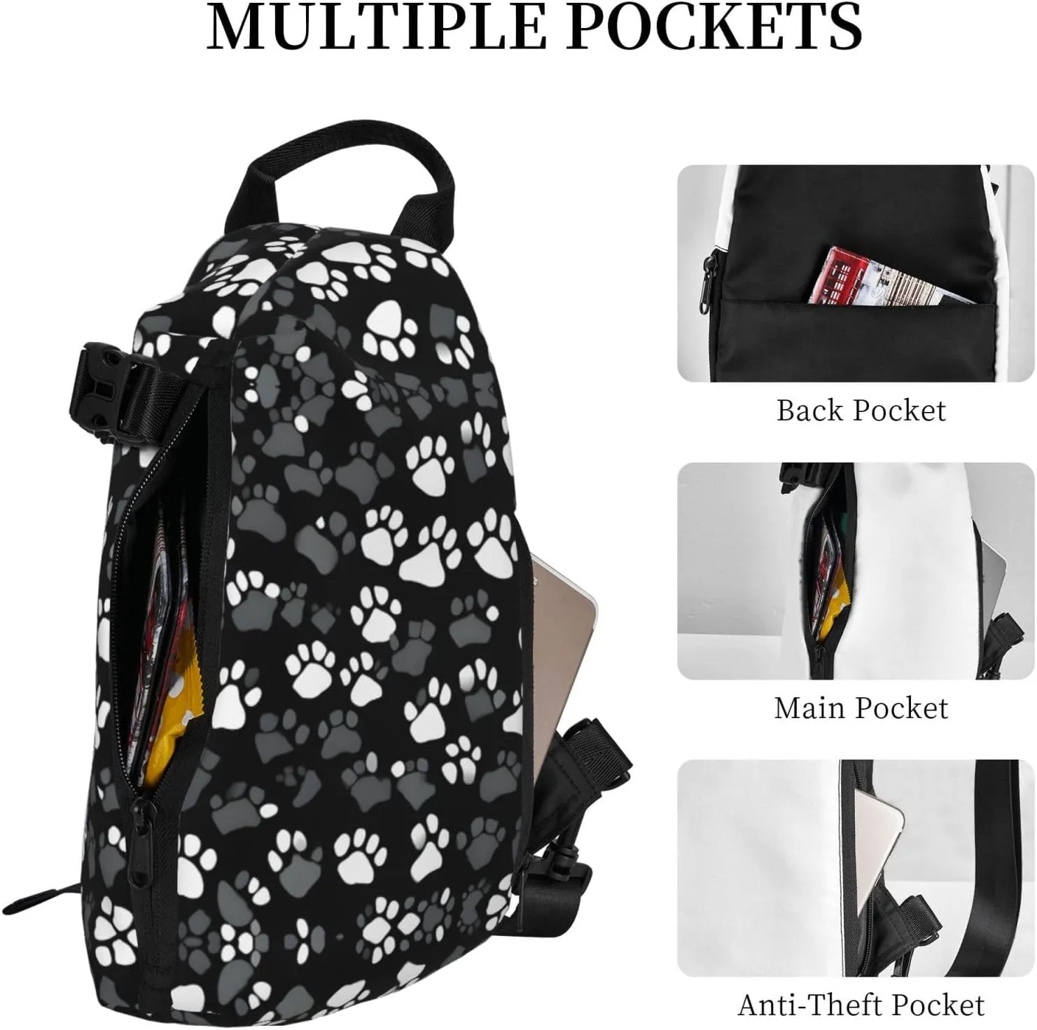 Black And White Paw Print Print Crossbody Backpack Casual Adjustable Bag Multifunctional Sling Backpack