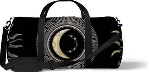 Black and White Vintage Boho Sun Zodiac Circle and Moon Face Sports Bag Tote Bag Waterproof Gym Bag with Shoulder Strap Zipper 2 Side Pockets for Men and Women, Travel and Storage Shoulder Bag.
