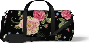 Black Vintage Boho Pink Rose Floral Sports Bag Tote Bag Waterproof Gym Bag with Shoulder Strap Zipper 2 Side Pockets for Men and Women, Travel and Storage Shoulder Bag.