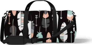 Black Vintage Cute Abstract Boho Geometric Feathers and Arrow Sports Bag Tote Bag Waterproof Gym Bag with Shoulder Strap Zipper 2 Side Pockets for Men and Women, Travel and Storage Shoulder Bag.