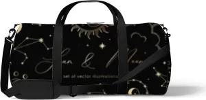 Black Vintage Golden Sun Moon Stars Clouds Constellations Sports Bag Tote Bag Waterproof Gym Bag with Shoulder Strap Zipper 2 Side Pockets for Men and Women, Travel and Storage Shoulder Bag.