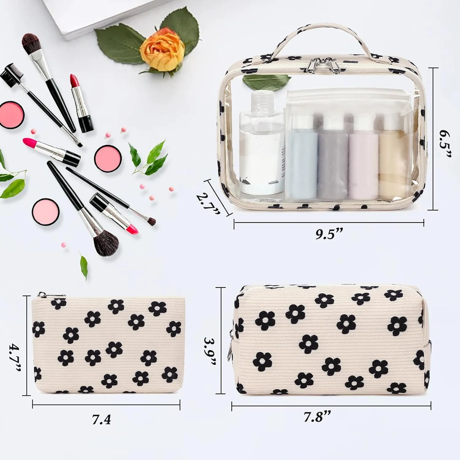 Bluboon 3Pcs Makeup Toiletry Bag for Women, Clear Packing Cubes Cosmetic Bag for Travel Women With Zipper Travel Essentials (Corduroy Floral 95)