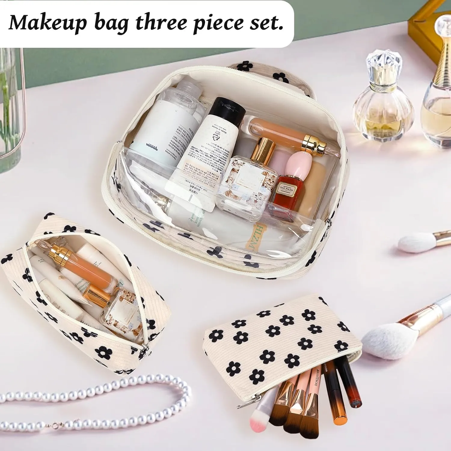 Bluboon 3Pcs Makeup Toiletry Bag for Women, Clear Packing Cubes Cosmetic Bag for Travel Women With Zipper Travel Essentials (Corduroy Floral 95)