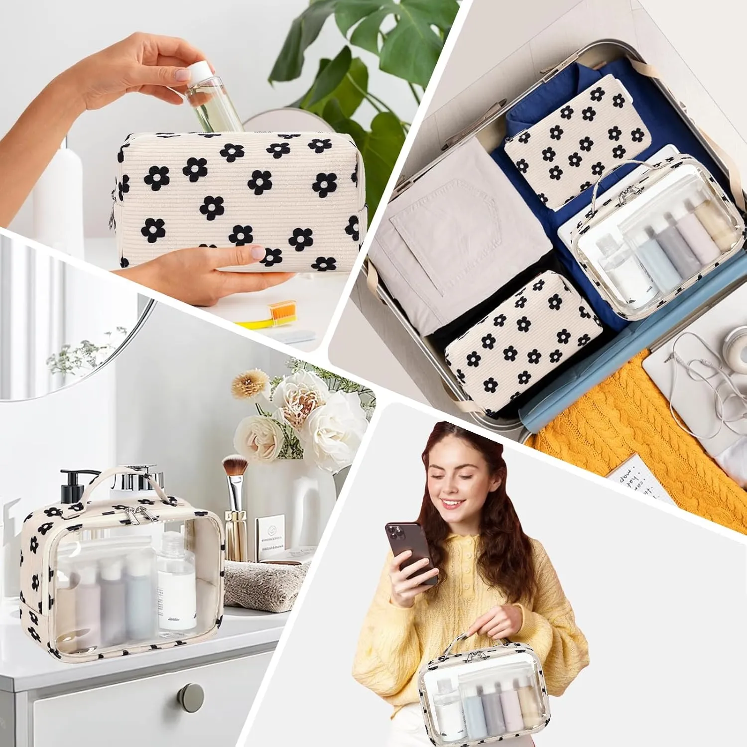 Bluboon 3Pcs Makeup Toiletry Bag for Women, Clear Packing Cubes Cosmetic Bag for Travel Women With Zipper Travel Essentials (Corduroy Floral 95)