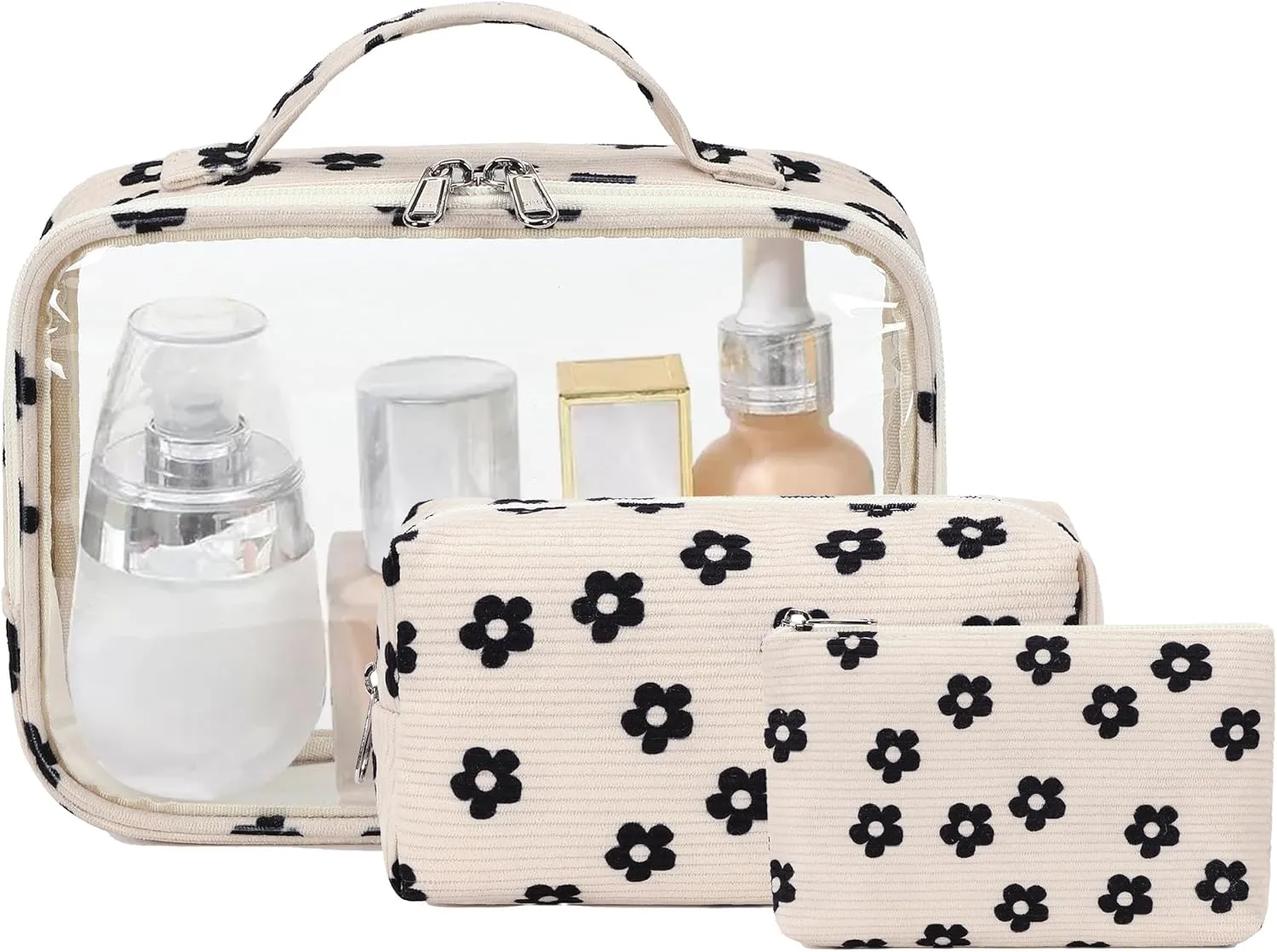 Bluboon 3Pcs Makeup Toiletry Bag for Women, Clear Packing Cubes Cosmetic Bag for Travel Women With Zipper Travel Essentials (Corduroy Floral 95)