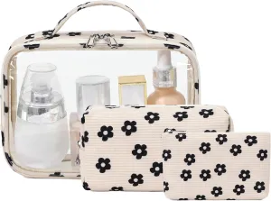 Bluboon 3Pcs Makeup Toiletry Bag for Women, Clear Packing Cubes Cosmetic Bag for Travel Women With Zipper Travel Essentials (Corduroy Floral 95)