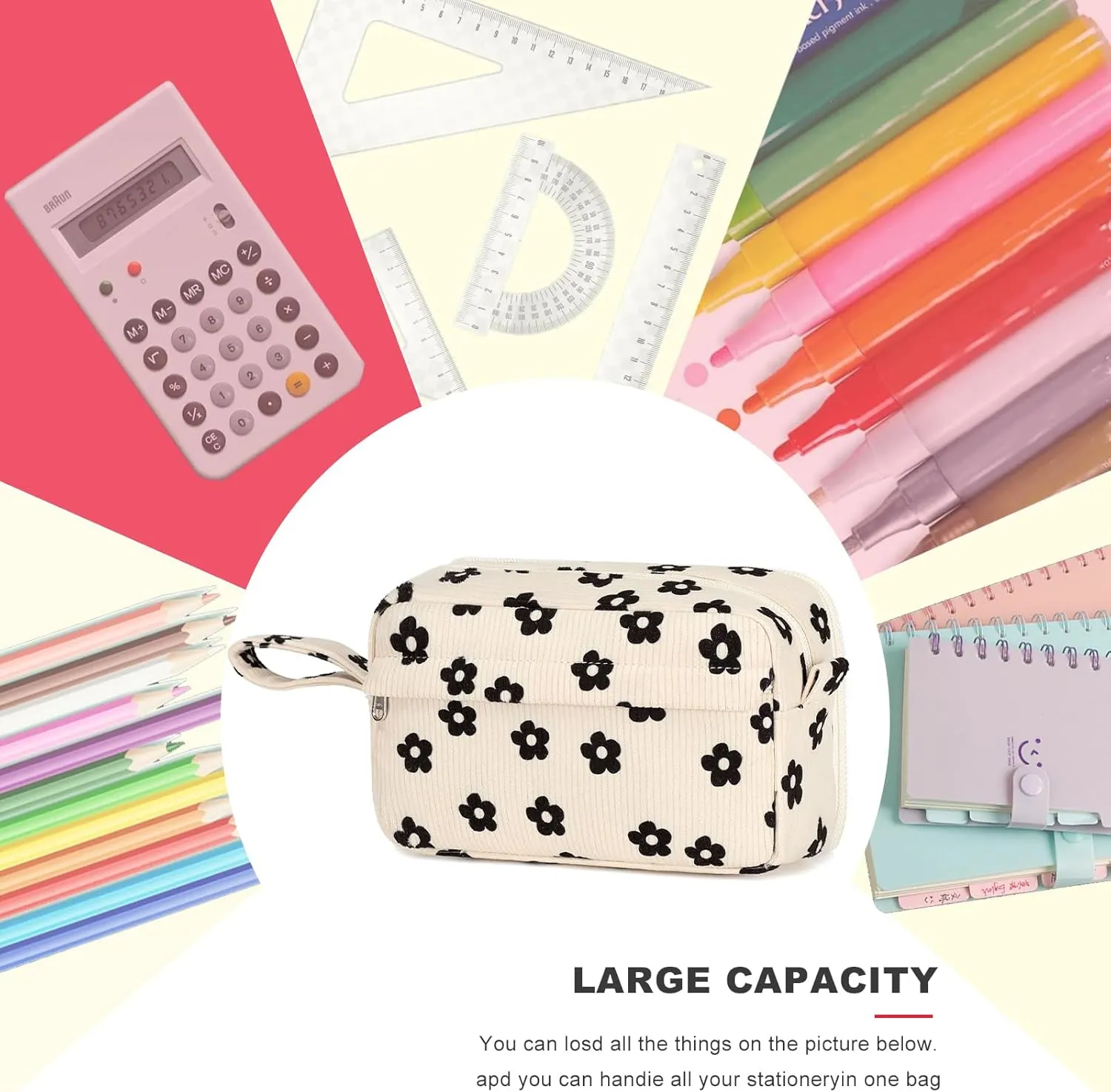 Bluboon Big Capacity Pencil Case Pencil Pouch School Supplies Cute Pencil Box Pencil Bag for Teen Girls Boys Women Man (Black Floral 95)