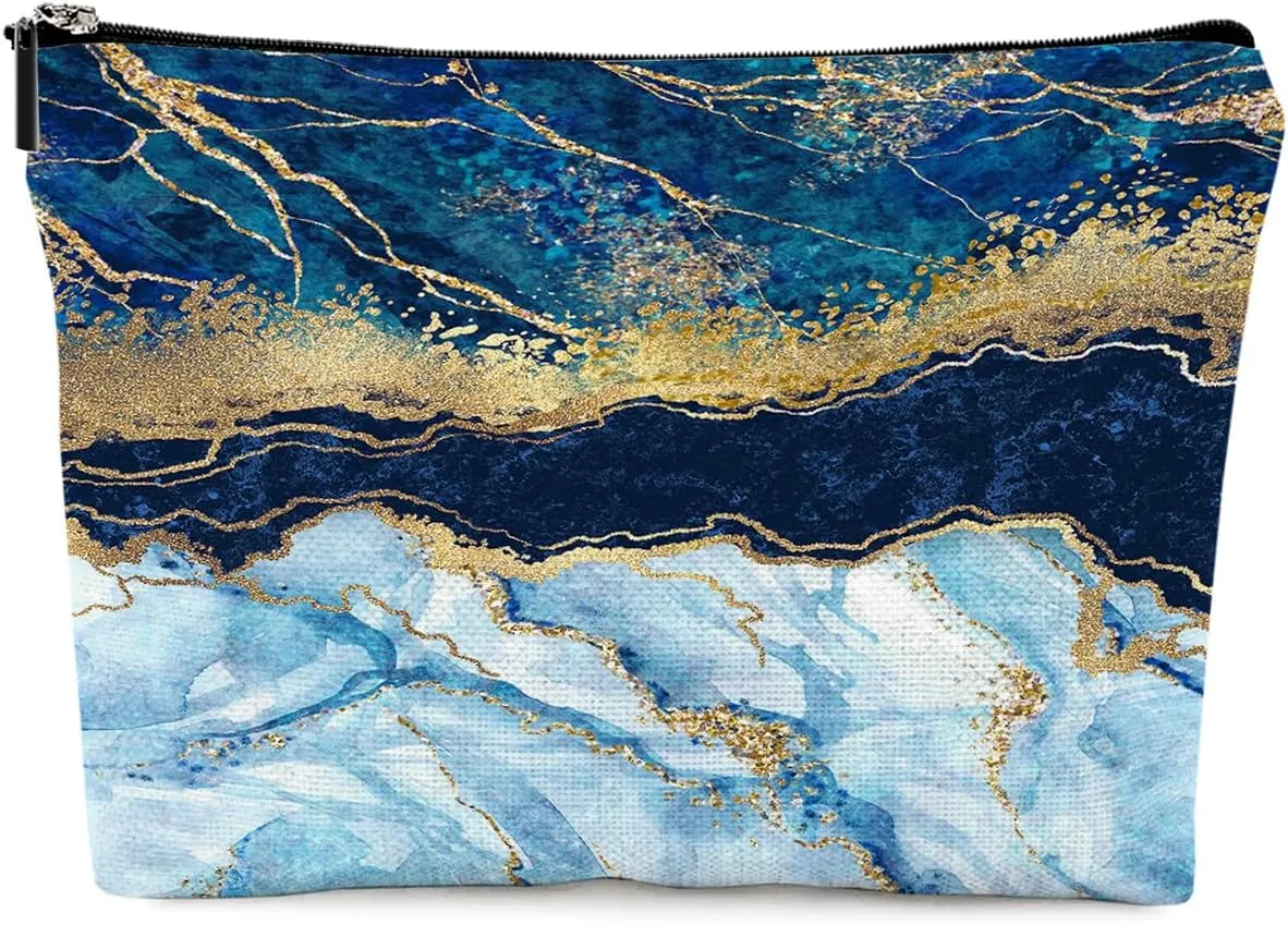 Blue Gold Marble Makeup Bag Travel Portable Cosmetic Pouch Waterproof Toiletry Organizer Storage Bag Zipper Pouch For Women Girls
