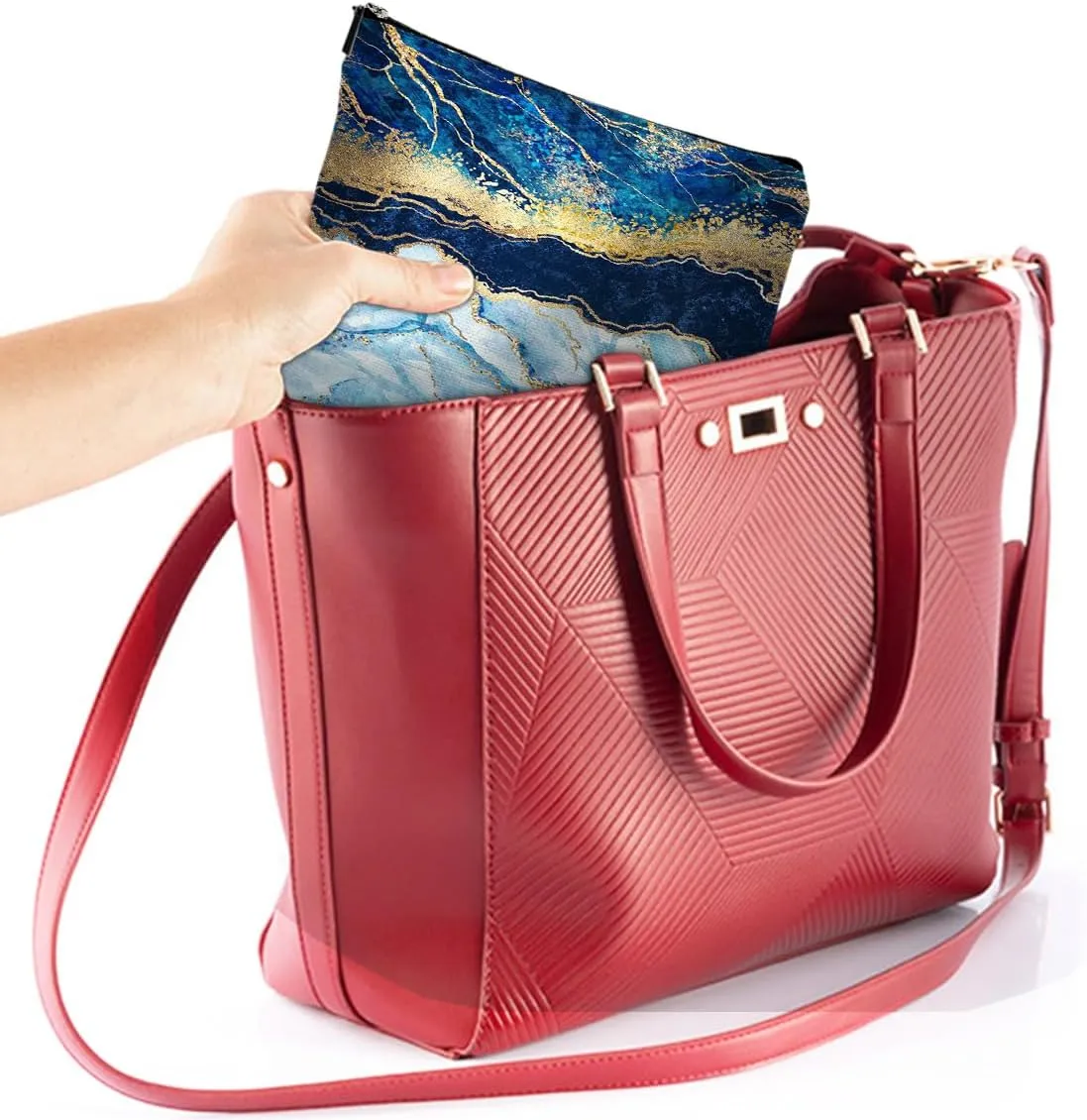 Blue Gold Marble Makeup Bag Travel Portable Cosmetic Pouch Waterproof Toiletry Organizer Storage Bag Zipper Pouch For Women Girls