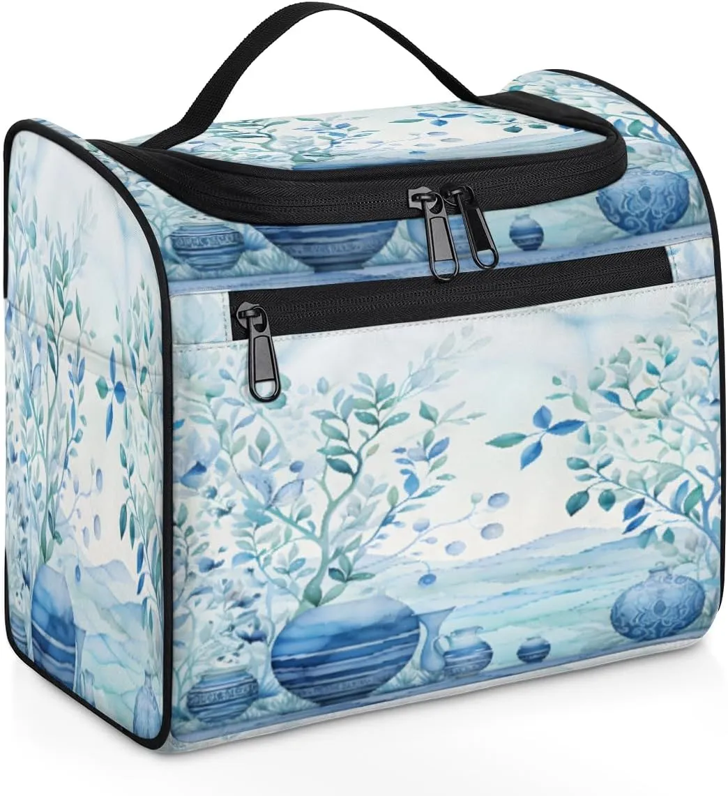 Blue Leaf and Pottery Women's Toiletry Bag Waterproof Cosmetic Bag Abstract Leaf Print Travel Cosmetic Bag Multi-functional Organizer with Hooks Suitable for Full-size Toiletries and Cosmetics