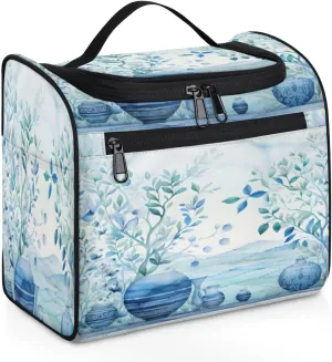 Blue Leaf and Pottery Women's Toiletry Bag Waterproof Cosmetic Bag Abstract Leaf Print Travel Cosmetic Bag Multi-functional Organizer with Hooks Suitable for Full-size Toiletries and Cosmetics