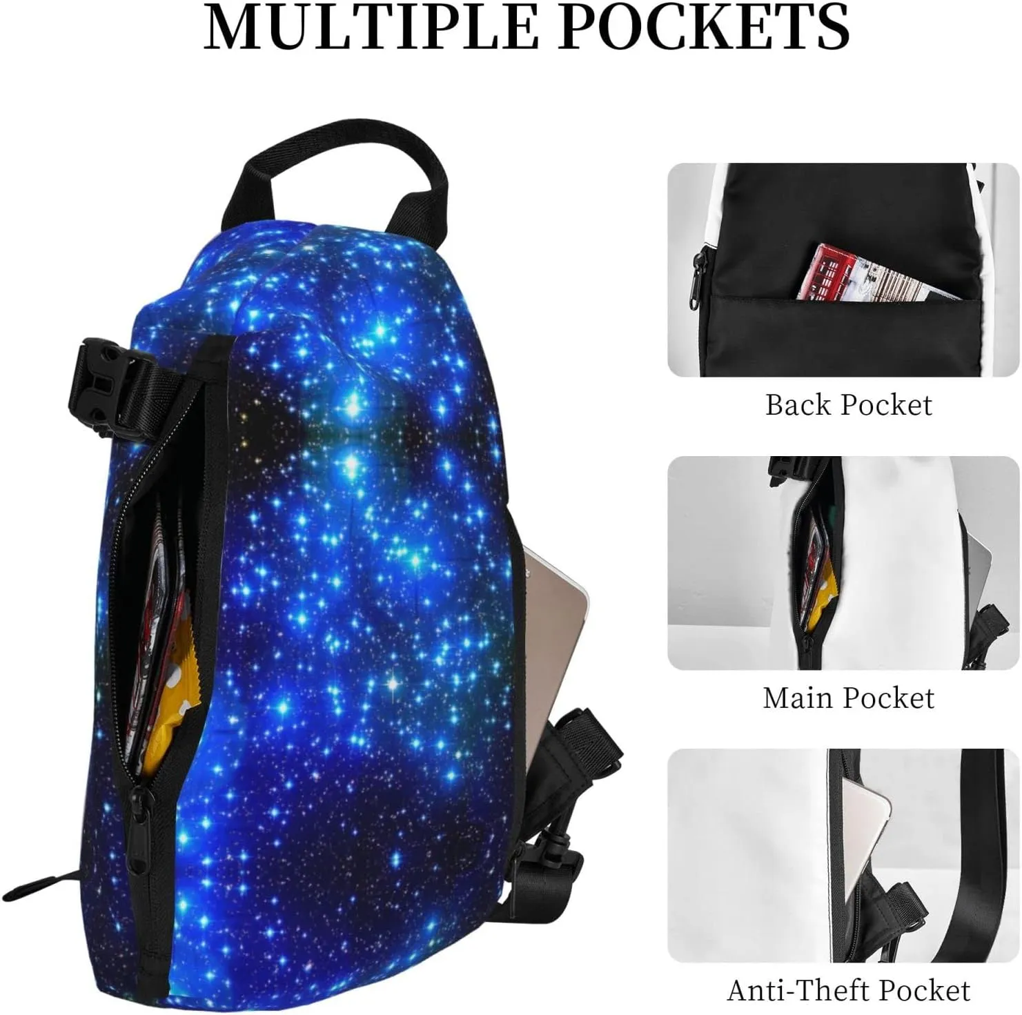Blue Shining Stars Print Crossbody Backpack Unisex Chest Bag, Lightweight And Sling Bag For Travel