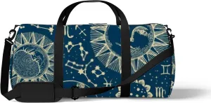 Blue Vintage Cute Boho Sun Moon Stars Constellations Sports Bag Tote Bag Waterproof Gym Bag with Shoulder Strap Zipper 2 Side Pockets for Men and Women, Travel and Storage Shoulder Bag.