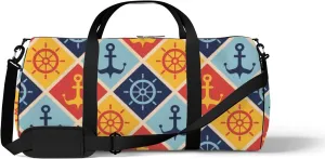 Blue Vintage Nautical Style Checkered Steering Wheels and Anchors Sports Bag Tote Bag Waterproof Gym Bag with Shoulder Strap Zipper 2 Side Pockets for Men and Women, Travel and Storage Shoulder Bag.