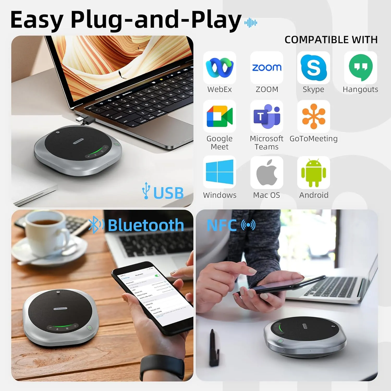 Bluetooth Conference Speakerphone M6 Conference Microphone with AI Noise Reduction AI Transcription Full-Duplex 360° Omnidirectional Voice Pickup USB Speaker for Teams Zoom Home Office, Black