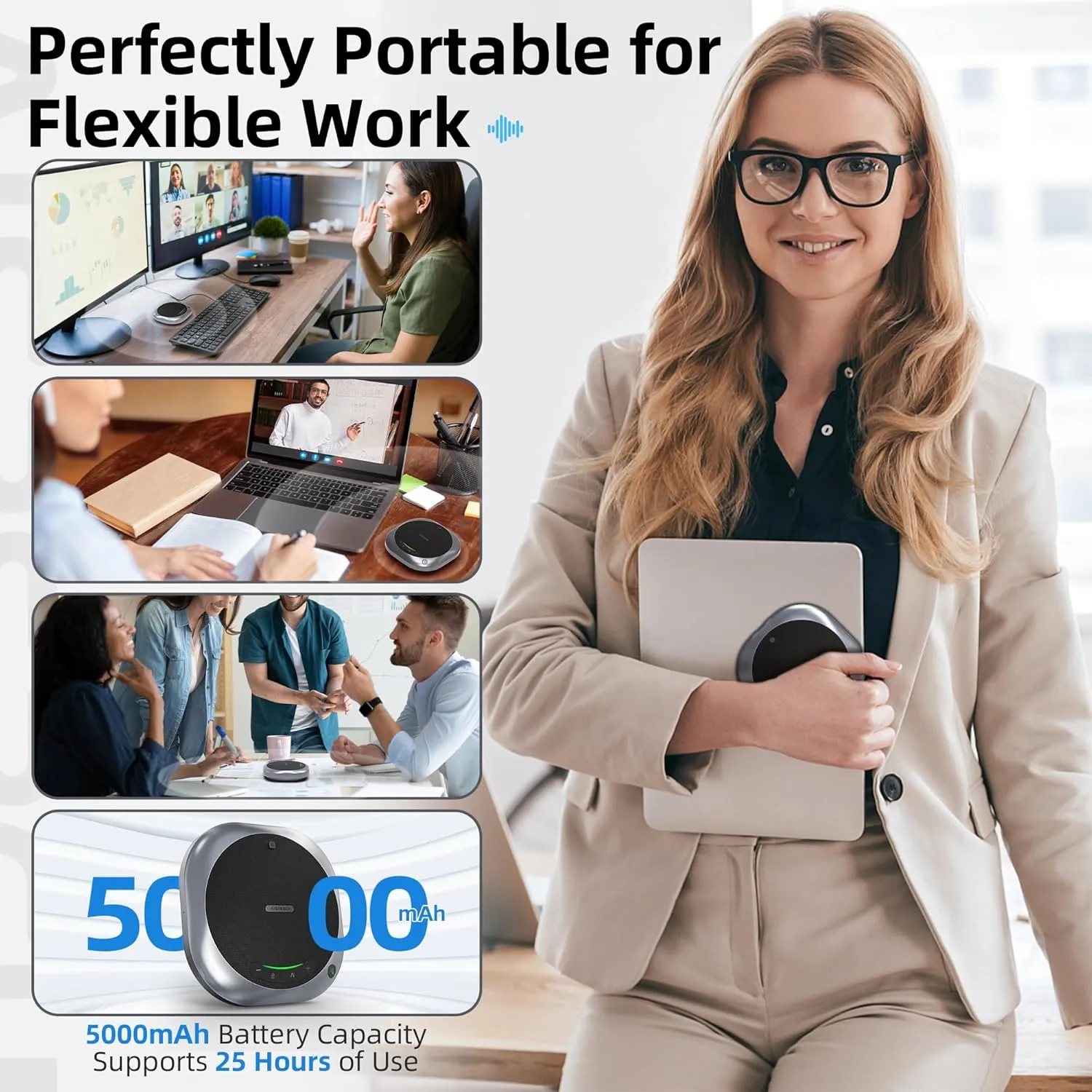 Bluetooth Conference Speakerphone M6 Conference Microphone with AI Noise Reduction AI Transcription Full-Duplex 360° Omnidirectional Voice Pickup USB Speaker for Teams Zoom Home Office, Black