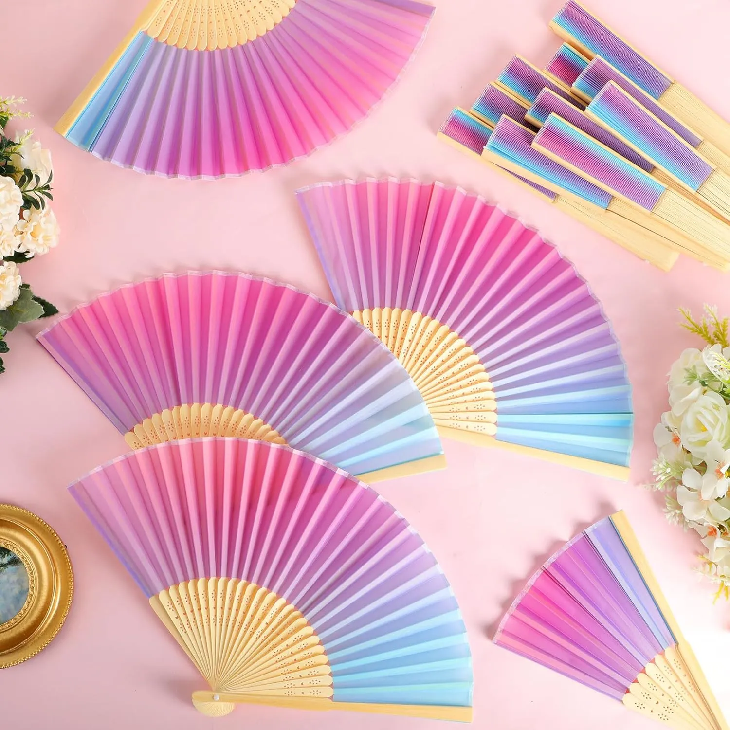 Blulu 40 Pcs Folding Hand Fans for Line Dancing Bulk Silk Bamboo Popping Clapping Fans for Line Dancing Boots On The Ground for Women Foldable Summer Beach Wedding Gifts (Gradient Color)