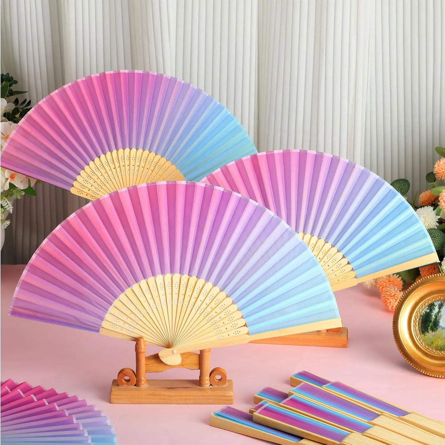 Blulu 40 Pcs Folding Hand Fans for Line Dancing Bulk Silk Bamboo Popping Clapping Fans for Line Dancing Boots On The Ground for Women Foldable Summer Beach Wedding Gifts (Gradient Color)