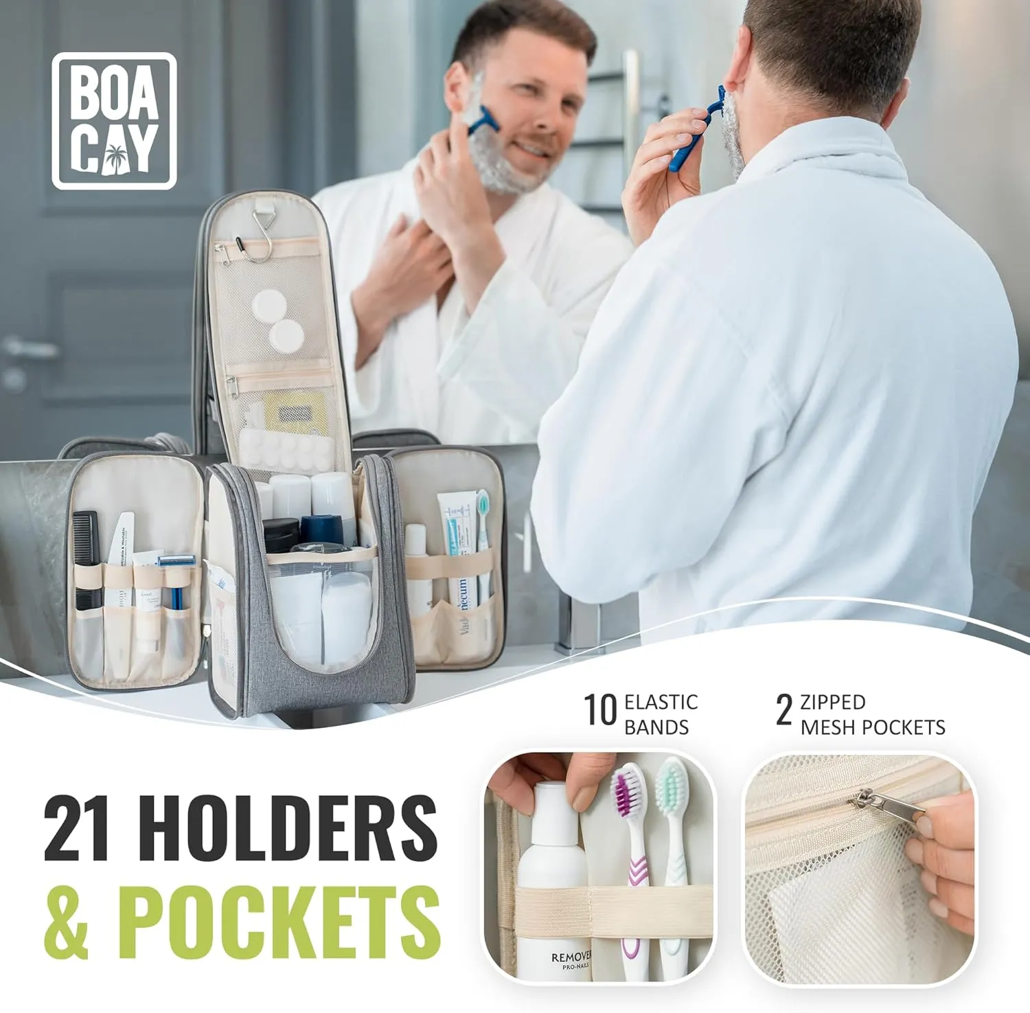 BOACAY Hanging Travel Toiletry Bag for Women and Men, Makeup Bag, Bathroom & Shower Organizer Kit for Accessories, Cosmetics, Travel Essentials