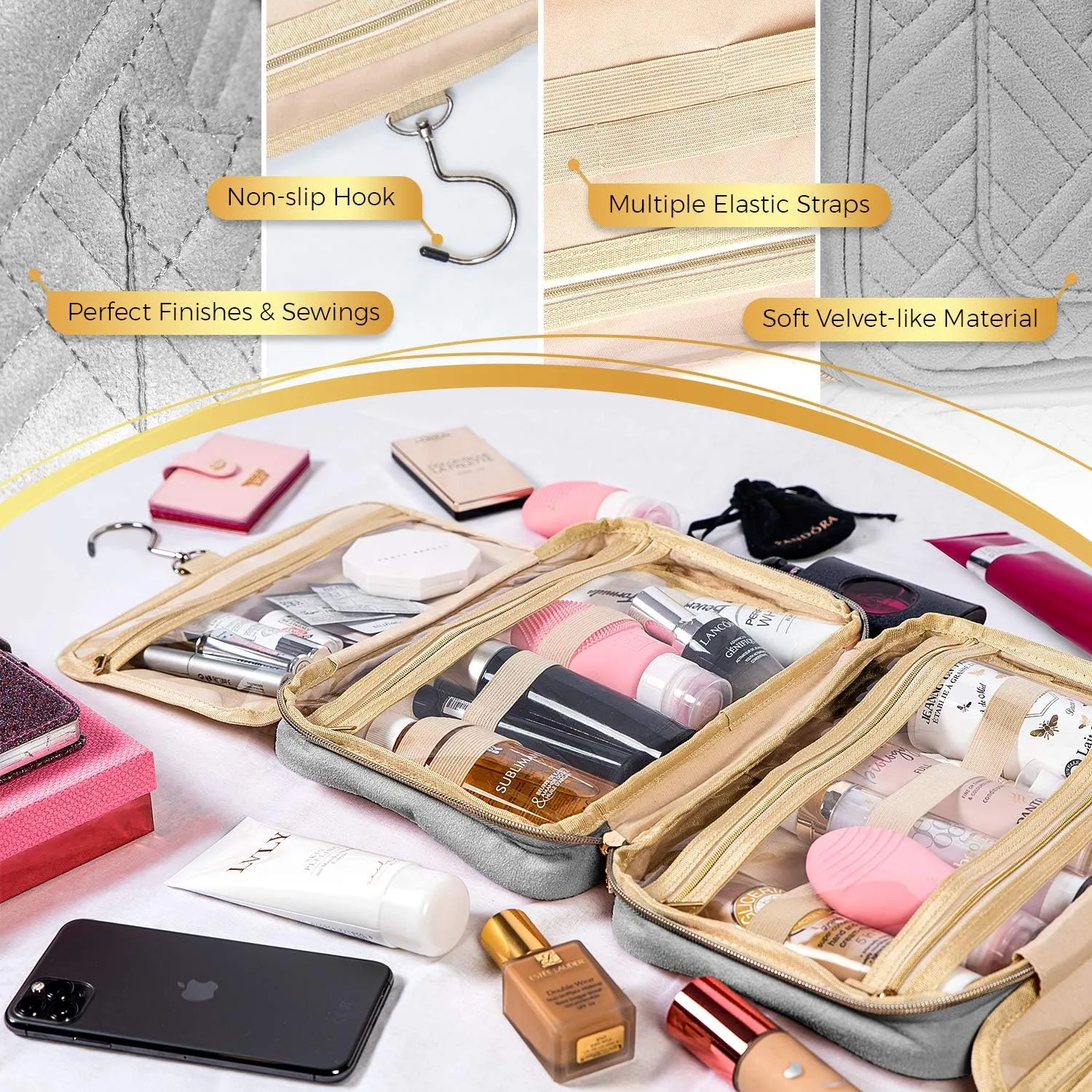 BOACAY Hanging Travel Toiletry Bag for Women, Makeup Bag, Bathroom & Shower Organizer Kit for Accessories, Cosmetics, Travel Essentials