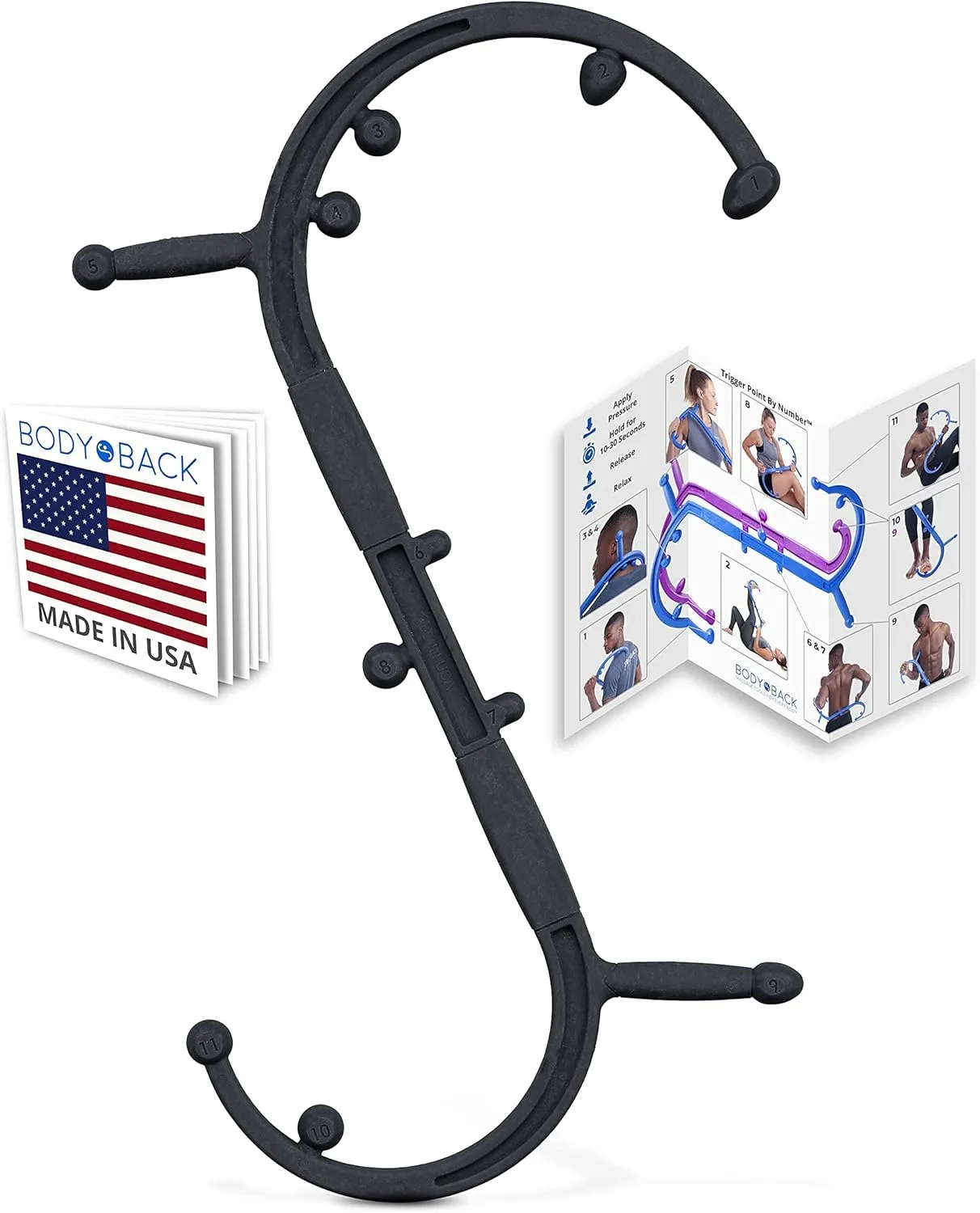 Body Back Buddy Elite – USA Made – Trigger Point Massage Tool, Shoulder Neck Back Handheld Self Massager, Manual Massage Cane, Hook, Muscle Knot Remover with Instructions, Patented (Black)