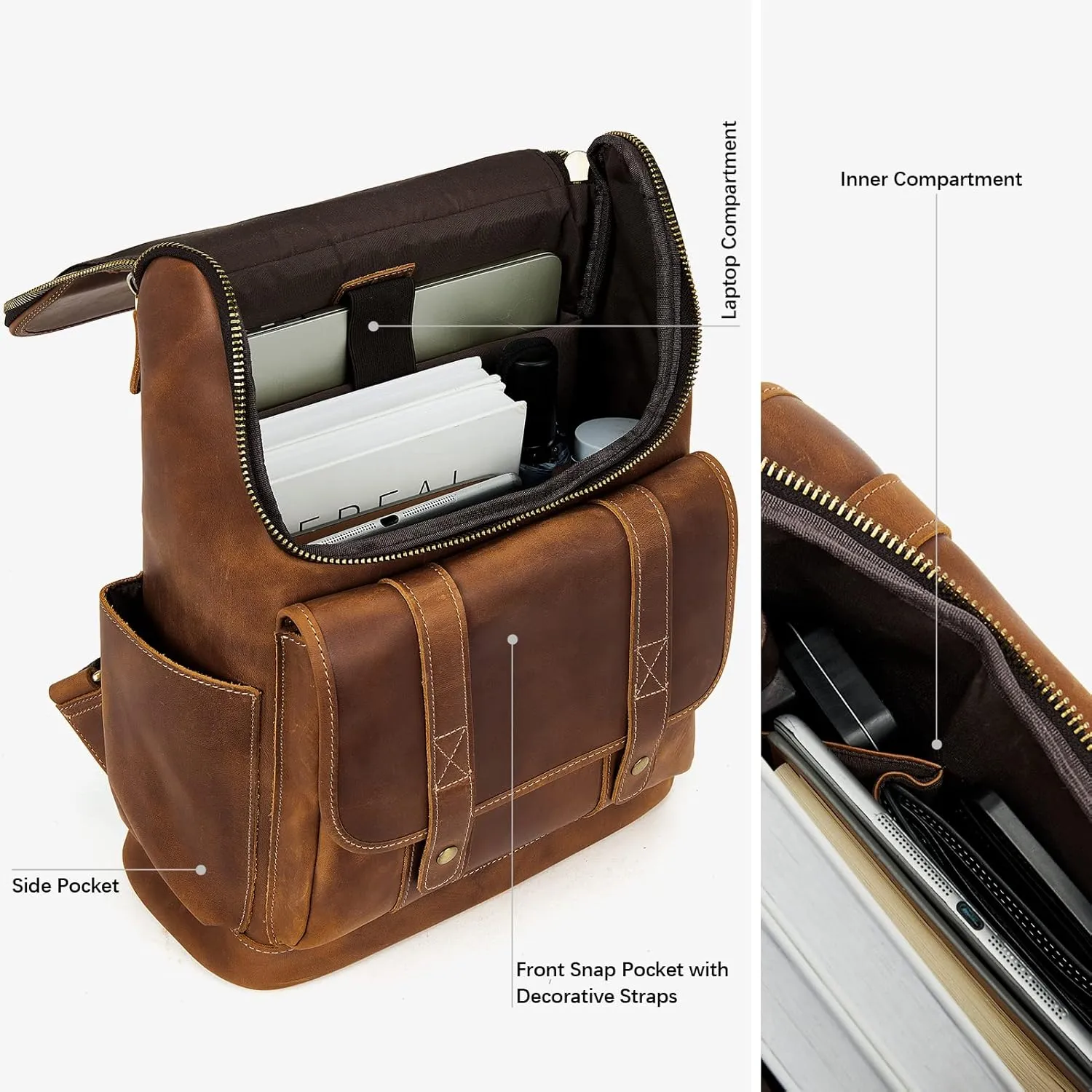 BOSTANTEN Leather Backpack for Men 15.6 inch Laptop Backpack Vintage Travel Office Bag Large Capacity Shoulder Bag Brown